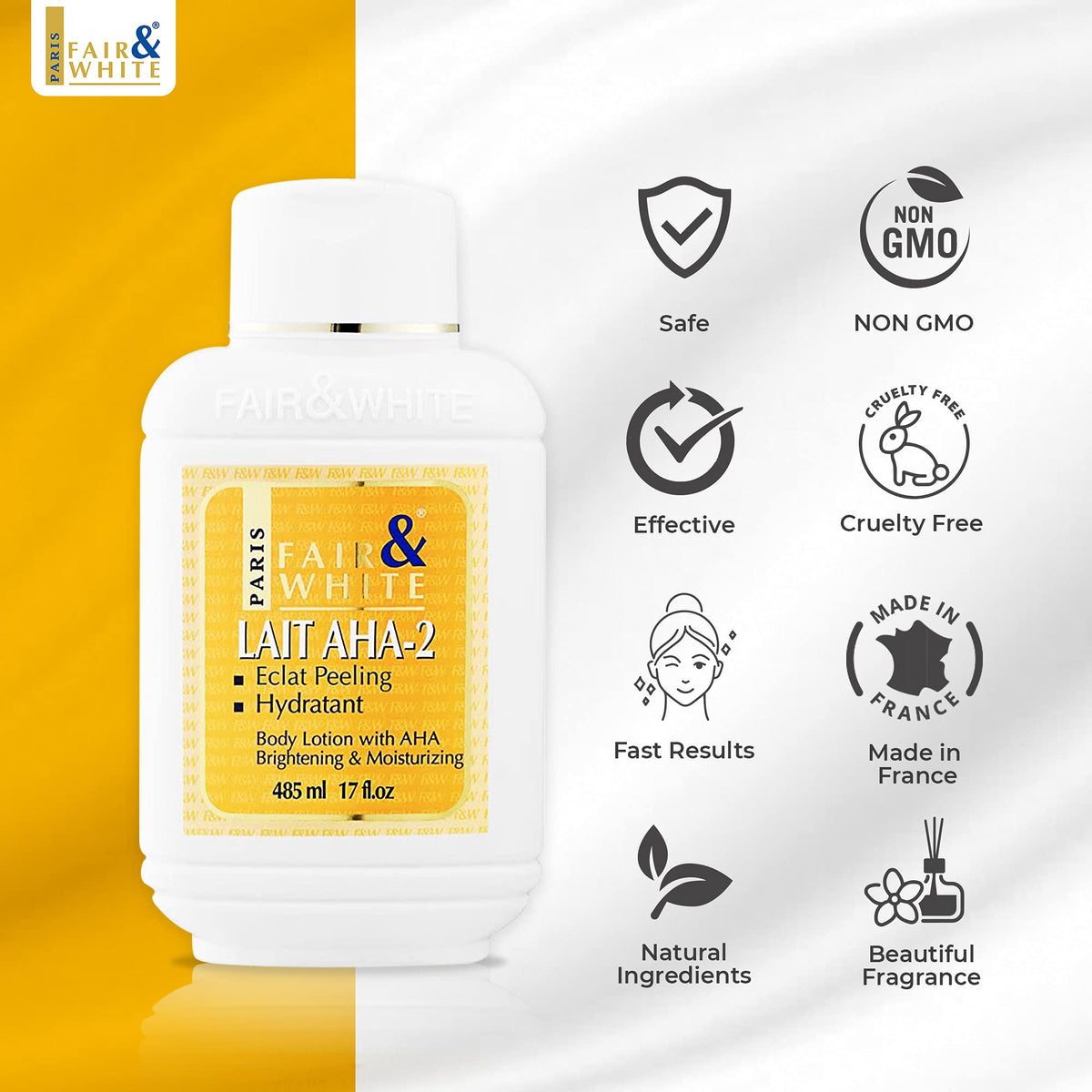 Fair & White Original AHA Lotion with Shea Butter formula for balanced renewal.