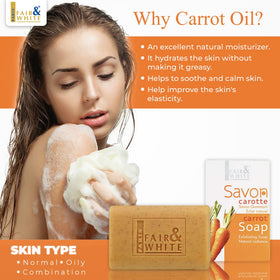 FAIR & WHITE Original Exfoliating Soap carrot oil droplets highlight nourishing ingredients for a smooth feel.