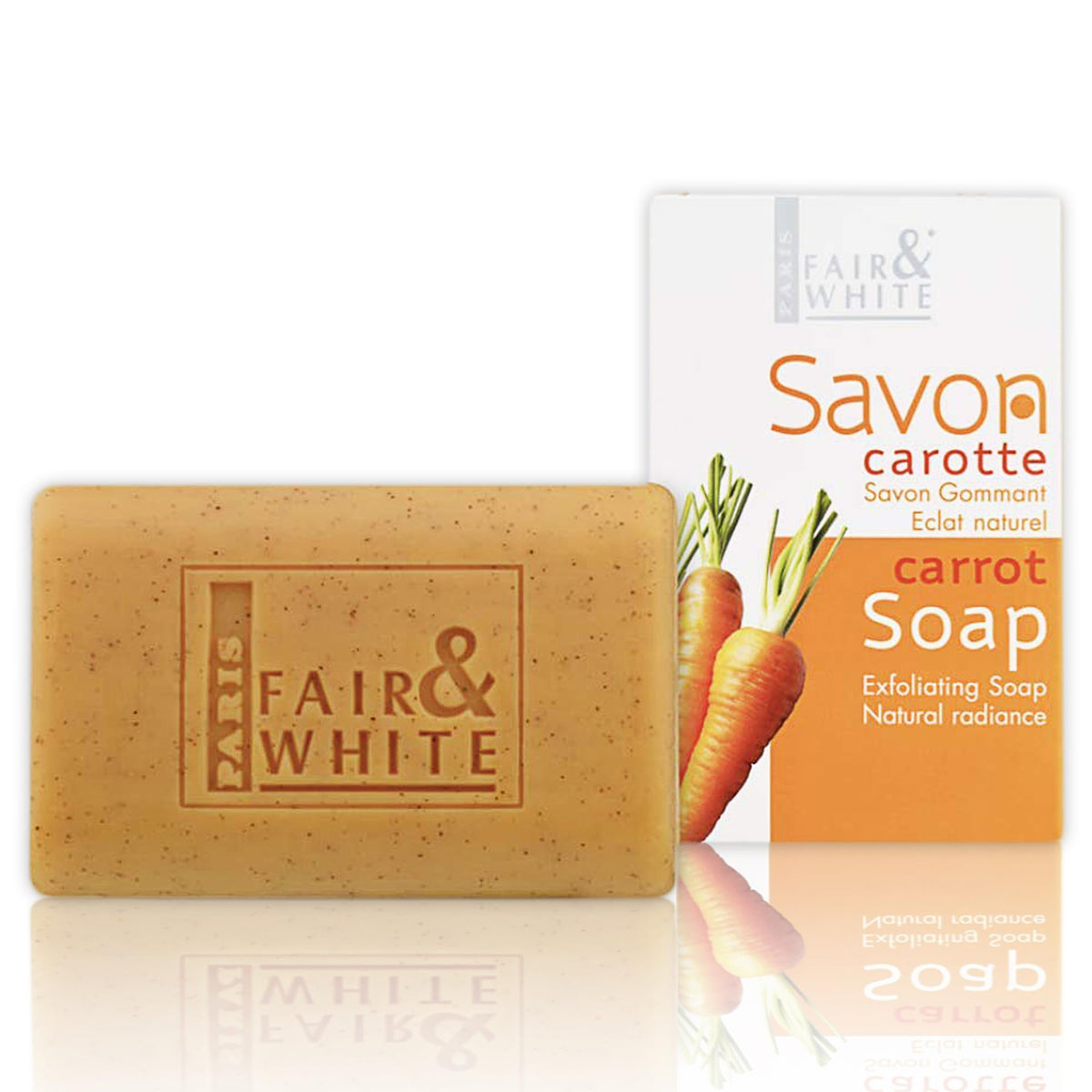 FAIR & WHITE Original Exfoliating Soap packaging highlights carrot formula for radiant skin prep.