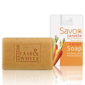 FAIR & WHITE Original Exfoliating Soap packaging highlights carrot formula for radiant skin prep.