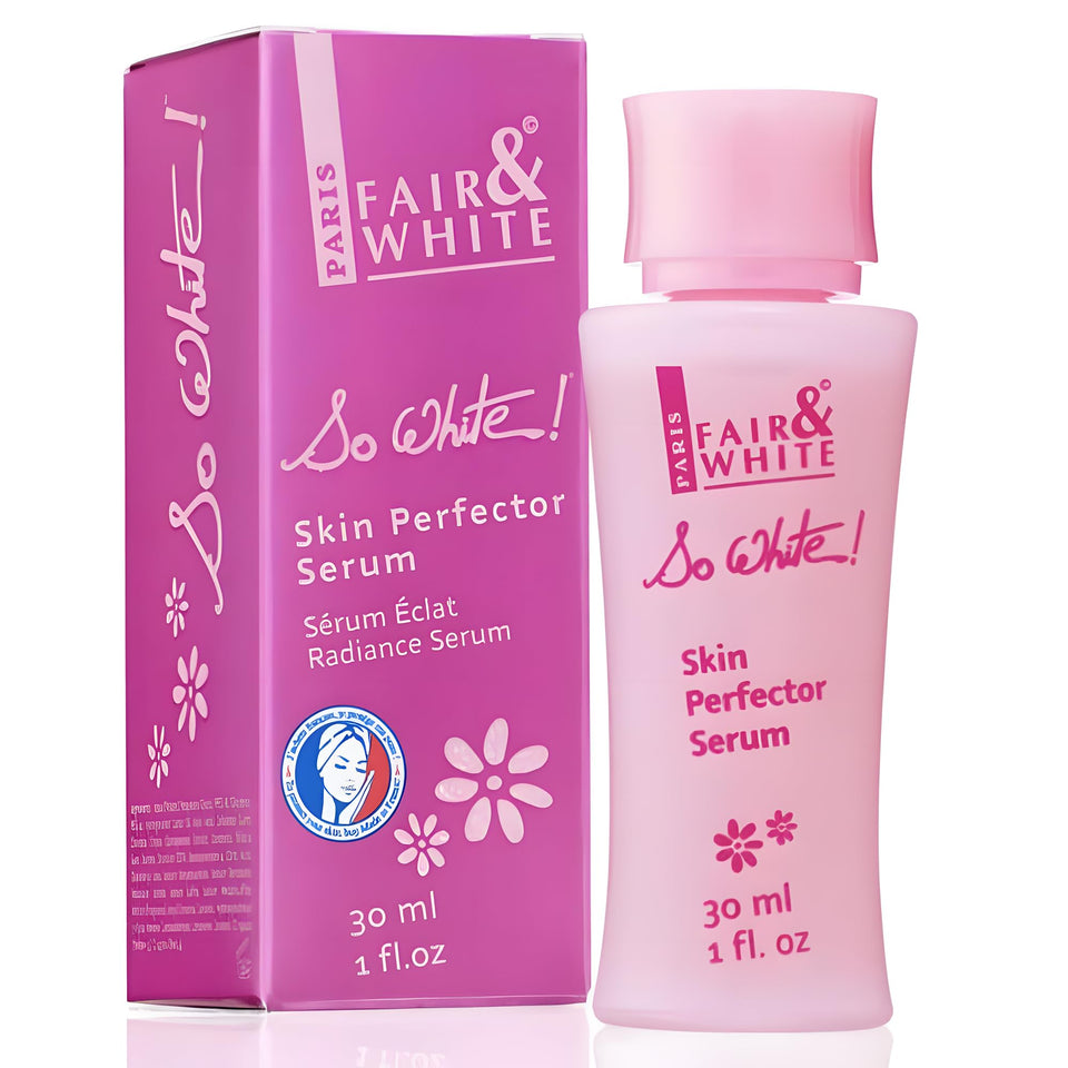 Fair & White So White serum bottle front shows sleek brightening packaging