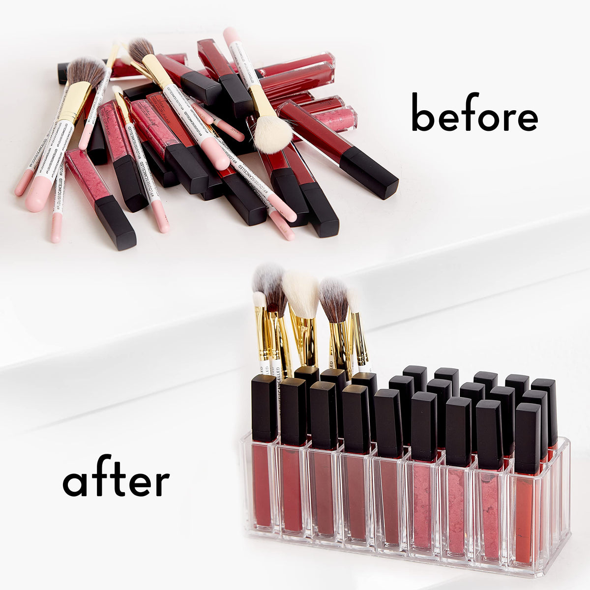 FAJ lipgloss organizer in clear acrylic for easy product retrieval.