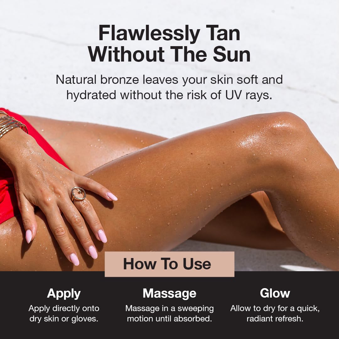Fake Bake Bronzy Babe glow on legs for even, radiant shine.
