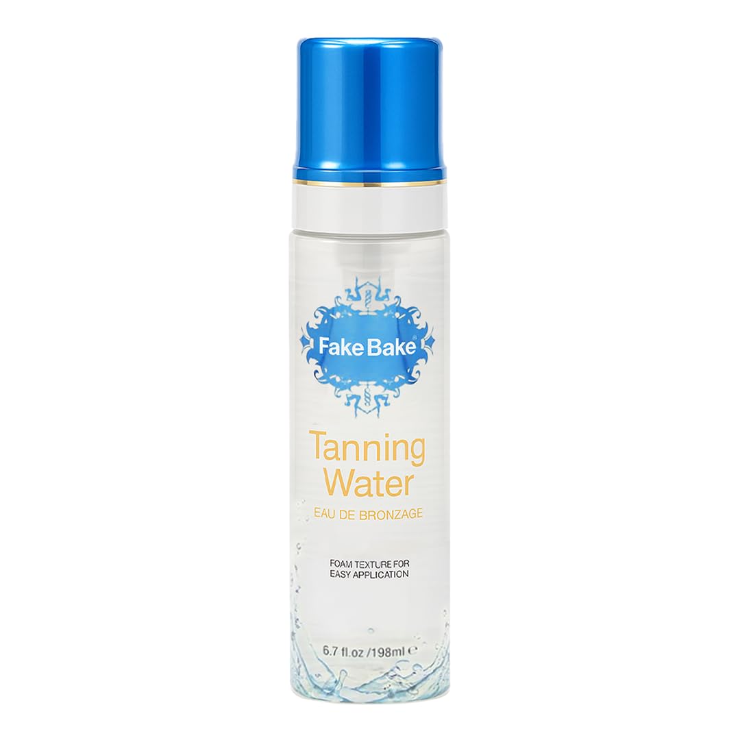 Fake Bake Foam Tanning Water bottle in focus for easy at home sunless tanning.
