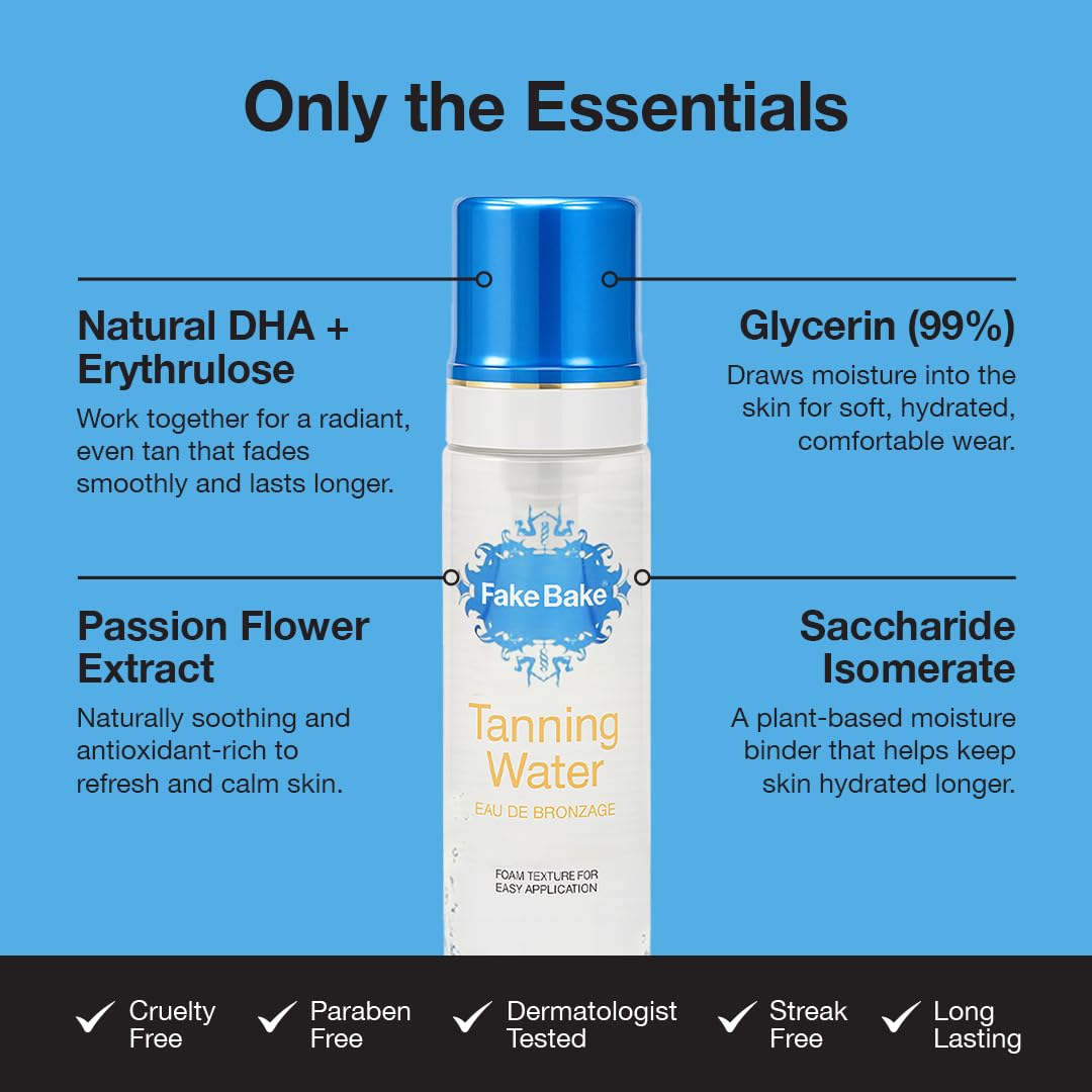 Fake Bake Foam Tanning Water product on sink for quick daily use.