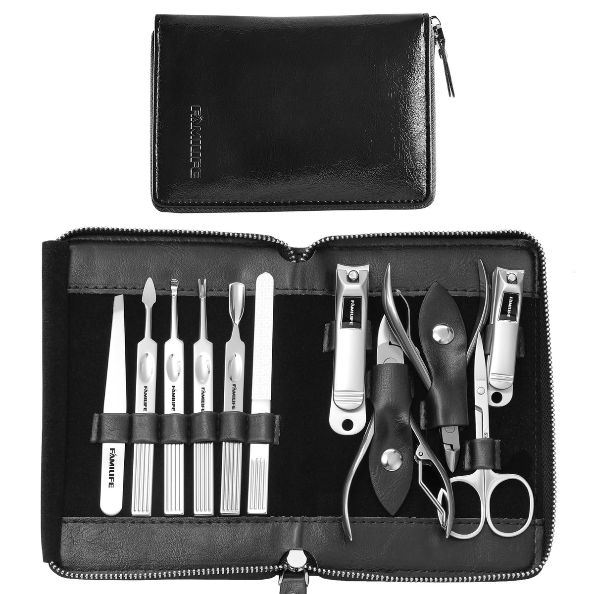 FAMILIFE 11Pcs manicure kit in a portable leather case.