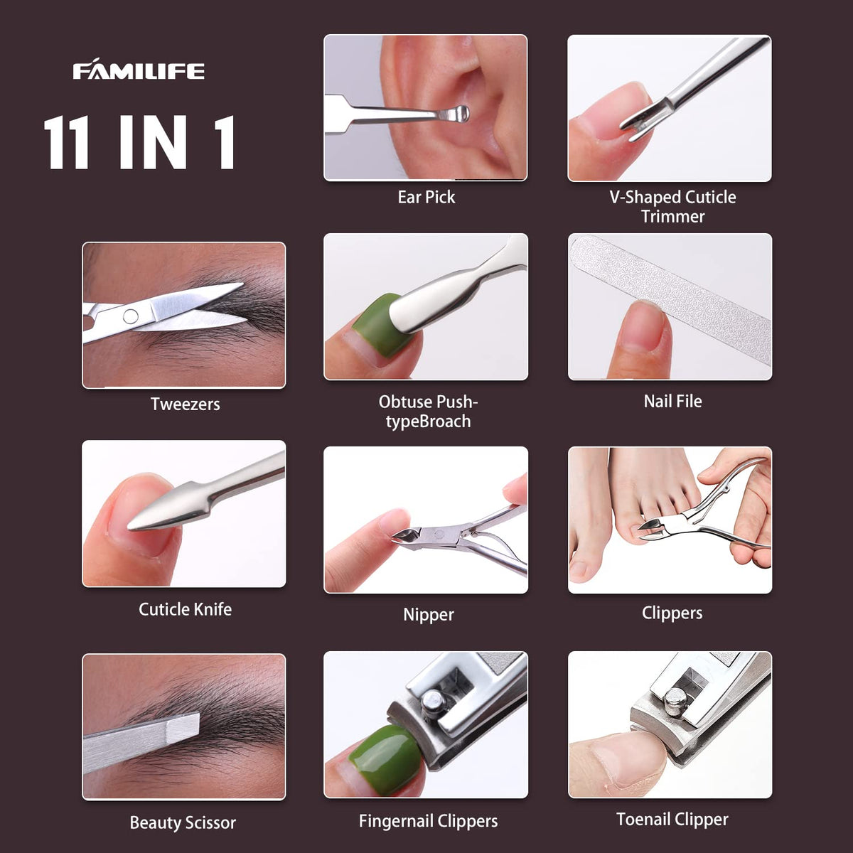 FAMILIFE cuticle trimmer and polish push in one tool.