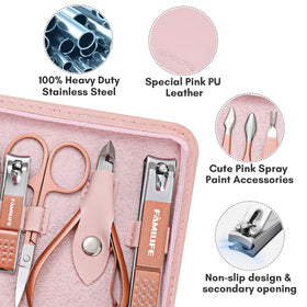 FAMILIFE pink leather travel case with rose-gold tools