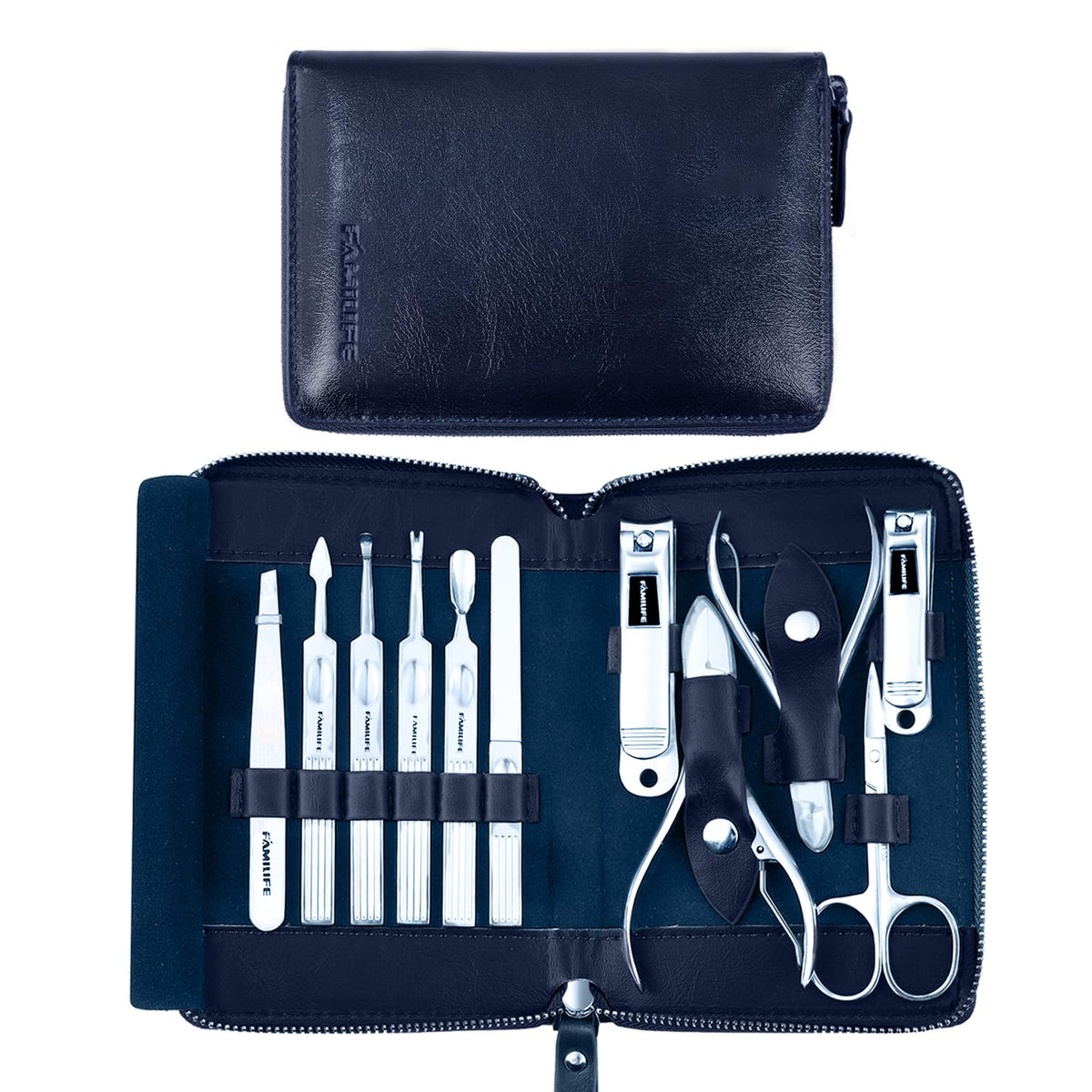 FAMILIFE manicure kit with 11 pieces and blue case for travel-friendly grooming.