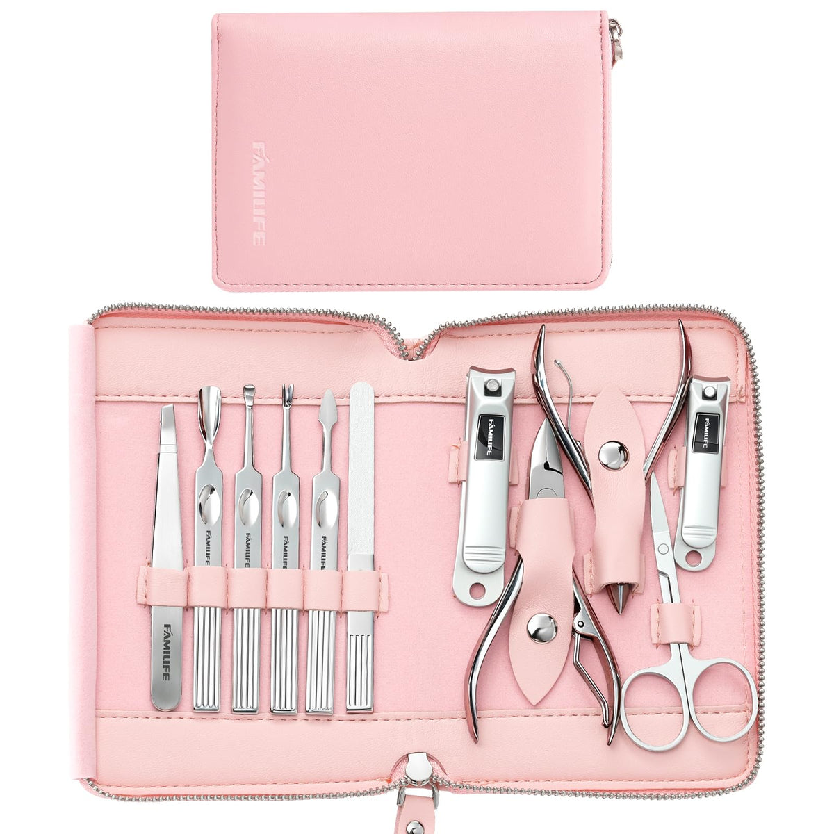 FAMILIFE manicure kit 11pcs in pink leather case for organized grooming.