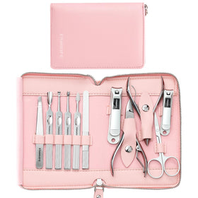 FAMILIFE manicure kit 11pcs in pink leather case for organized grooming.