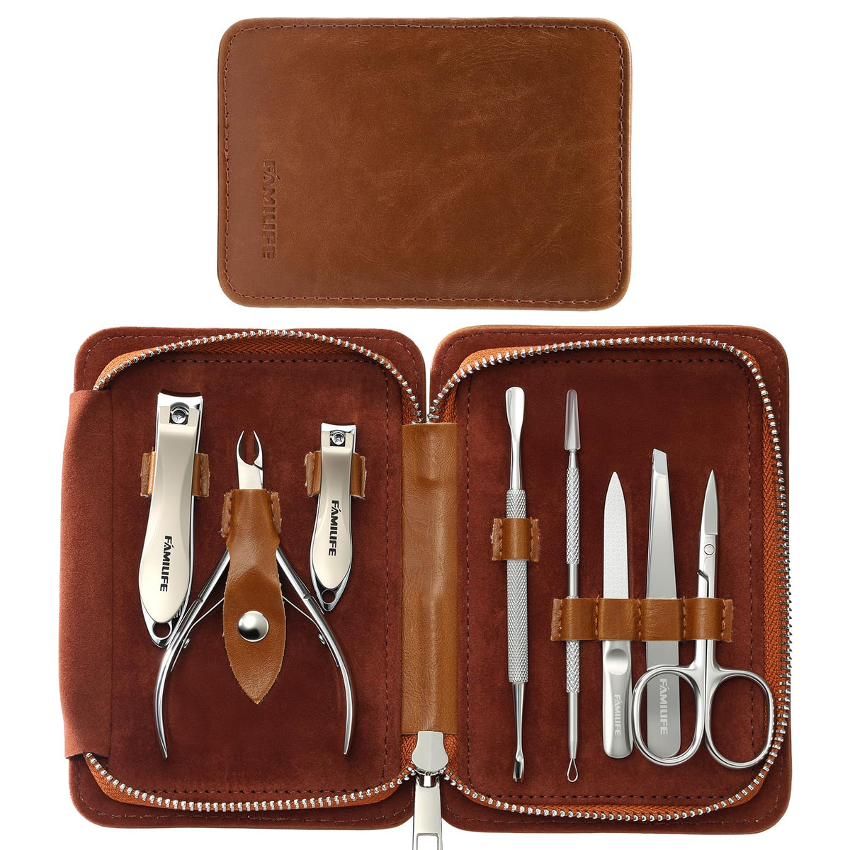 FAMILIFE manicure set with brown PU leather case, portable for travel and home use.