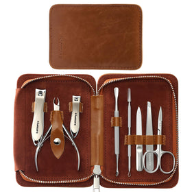 FAMILIFE manicure set with brown PU leather case, portable for travel and home use.