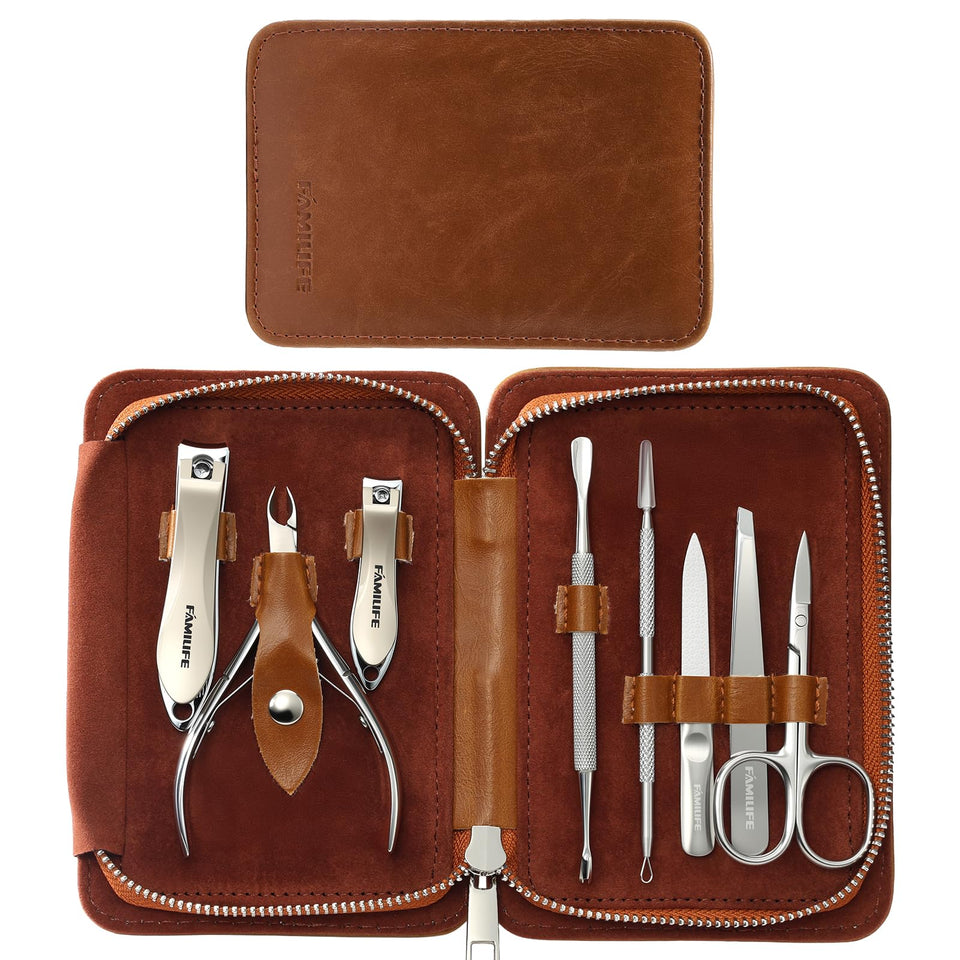FAMILIFE manicure set with brown PU leather case, portable for travel and home use.