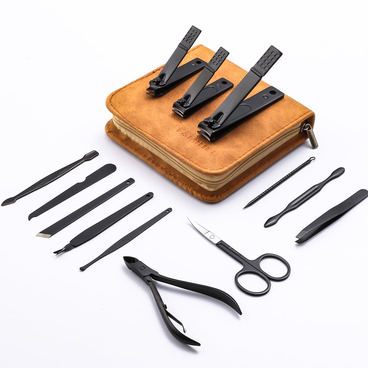 FAMILIFE manicure set in brown leather case, ideal for travel and daily grooming.