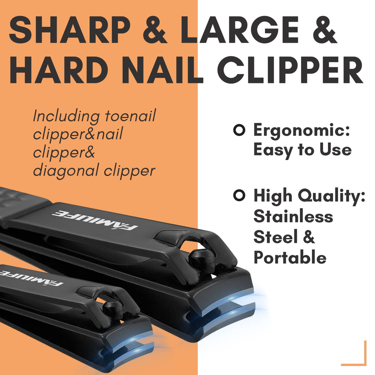 FAMILIFE stainless steel nail clippers for precise cuts and lasting use.