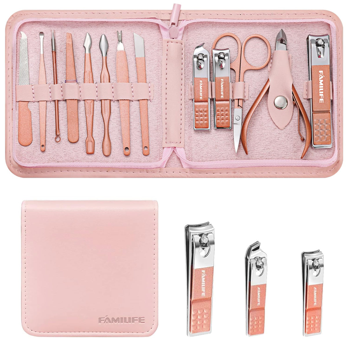 FAMILIFE manicure set with stainless steel tools designed for durability