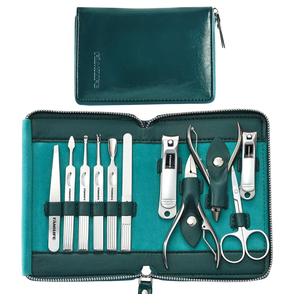 FAMILIFE nail kit 11-piece blue leather case for travel grooming