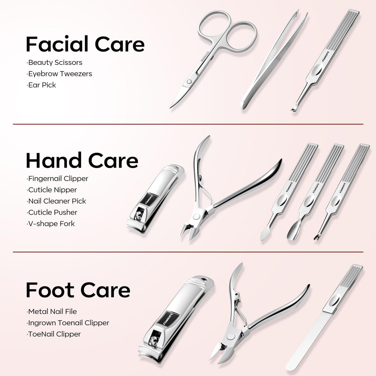 FAMILIFE compact pedicure tools set ready for travel.