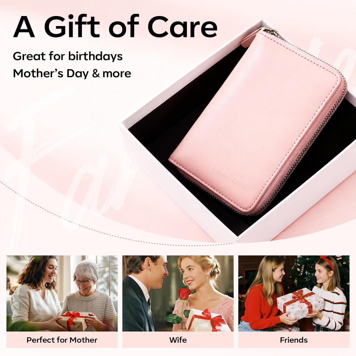 FAMILIFE pink leather travel case keeps tools organized.