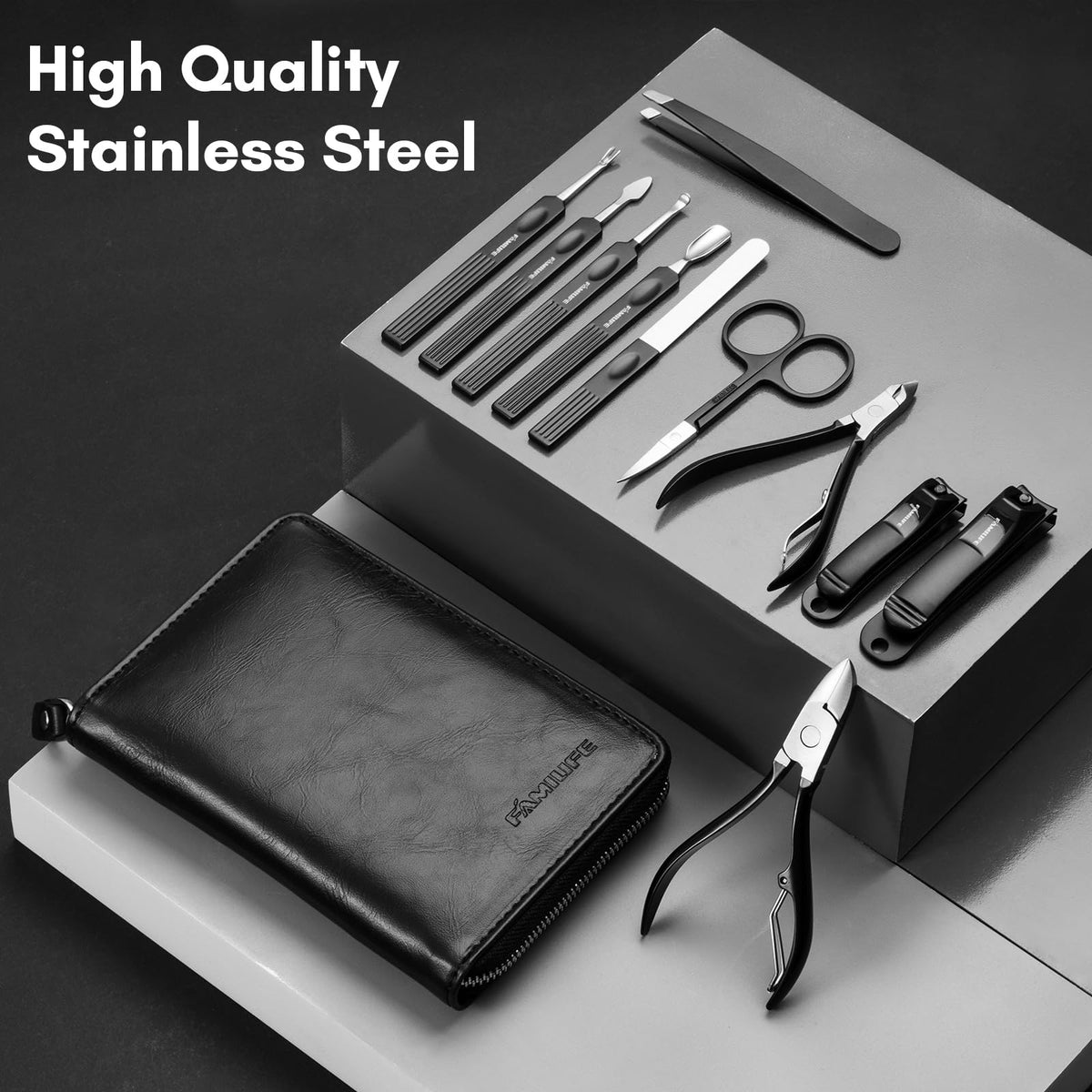 FAMILIFE premium PU leather travel case keeps tools organized.