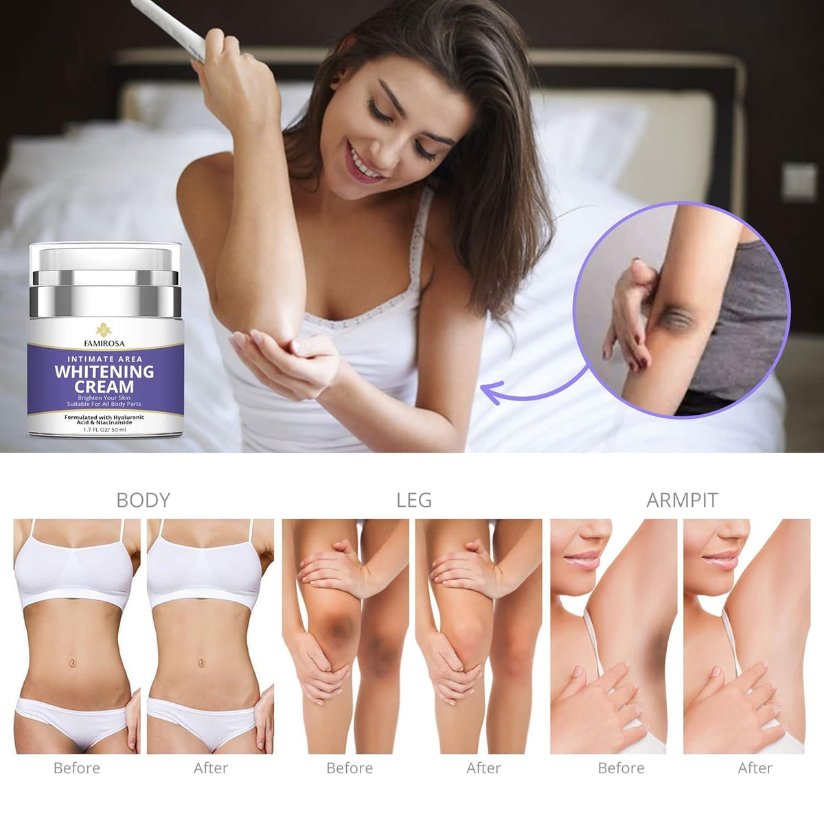 FAMIROSA dark spot cream for bikini line smoothing and care.