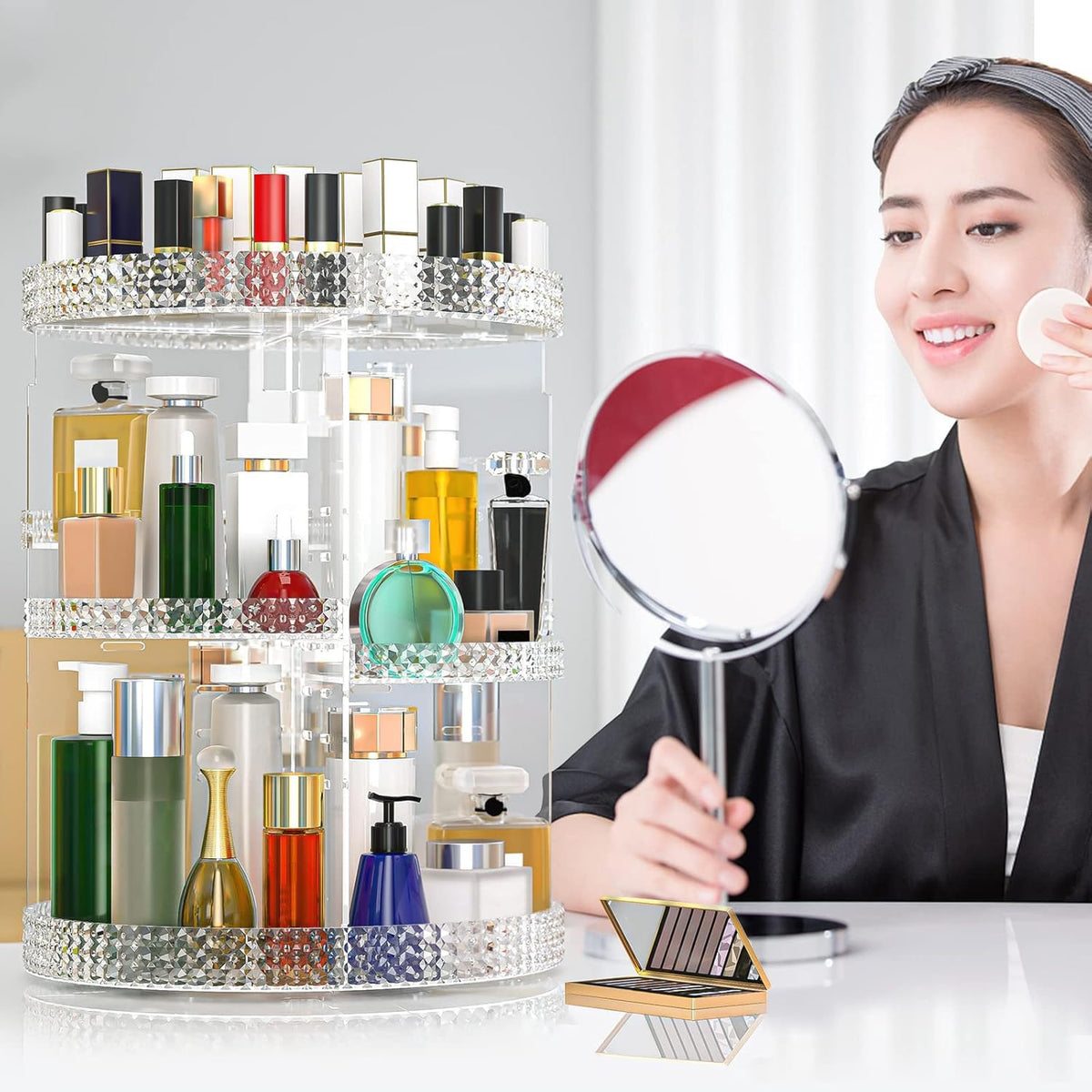 Famitree 360 rotating makeup organizer open tiers reveal generous storage for brushes and palettes