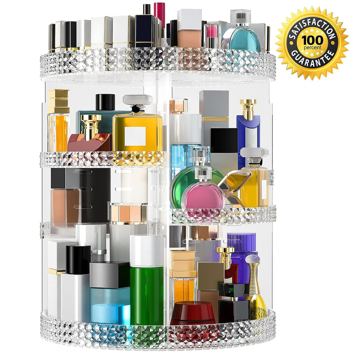 Famitree 360 rotating makeup organizer side view highlighting the clear acrylic design