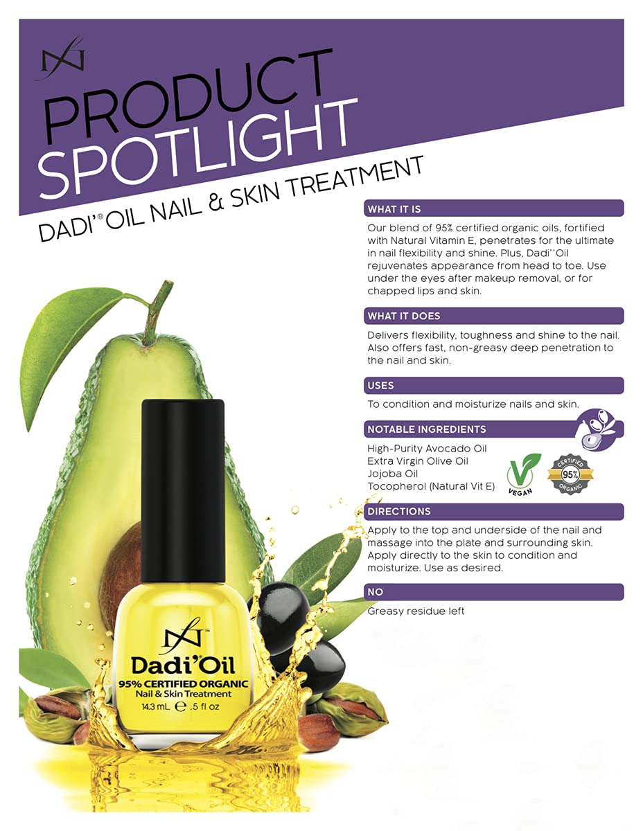 Famous Names Dadi Nail Cuticle Oil bottle beside nails with a glossy finish.