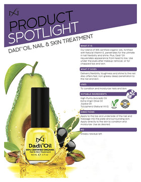 Famous Names Dadi Nail Cuticle Oil bottle beside nails with a glossy finish.