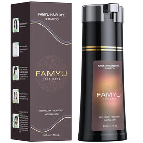 Famyu Chestnut Brown Hair Dye Shampoo bottle close-up showing vibrant gray coverage potential.