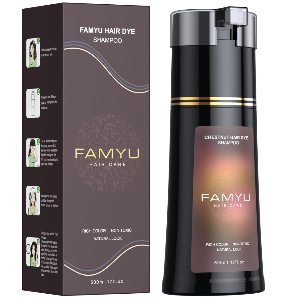 Famyu Chestnut Brown Hair Dye Shampoo bottle close-up showing vibrant gray coverage potential.