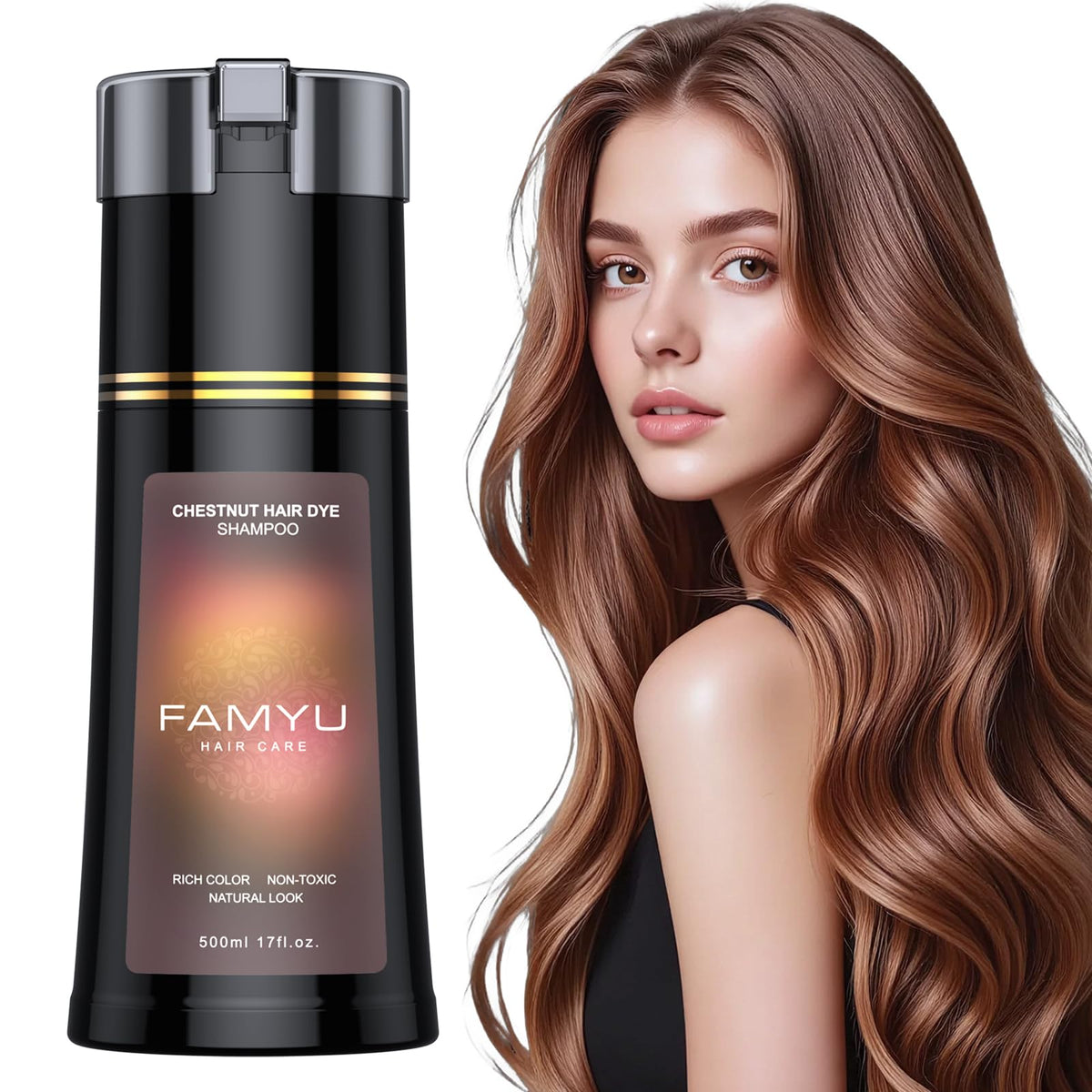 Famyu Chestnut Brown Hair Dye Shampoo foaming texture ready for easy application.