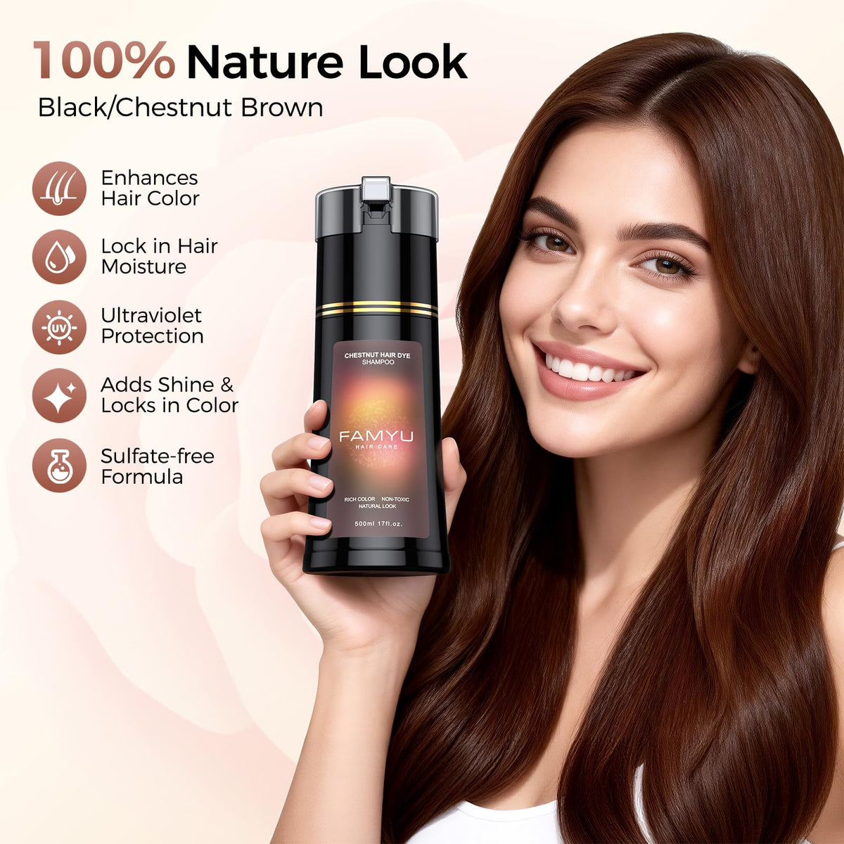 Famyu gray hair coverage result in natural chestnut shade after use.
