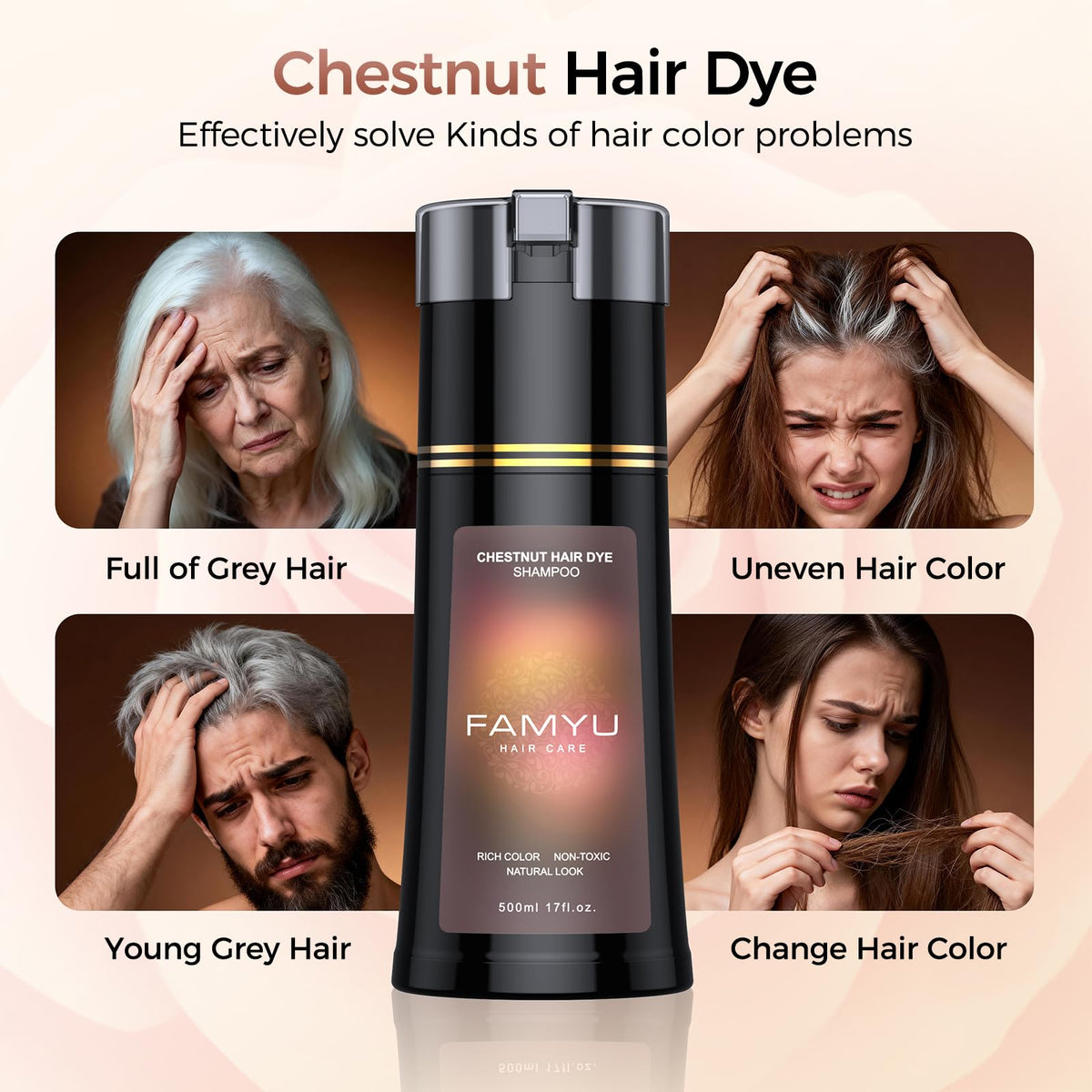 Famyu hair color shampoo application process demonstrating simple steps.