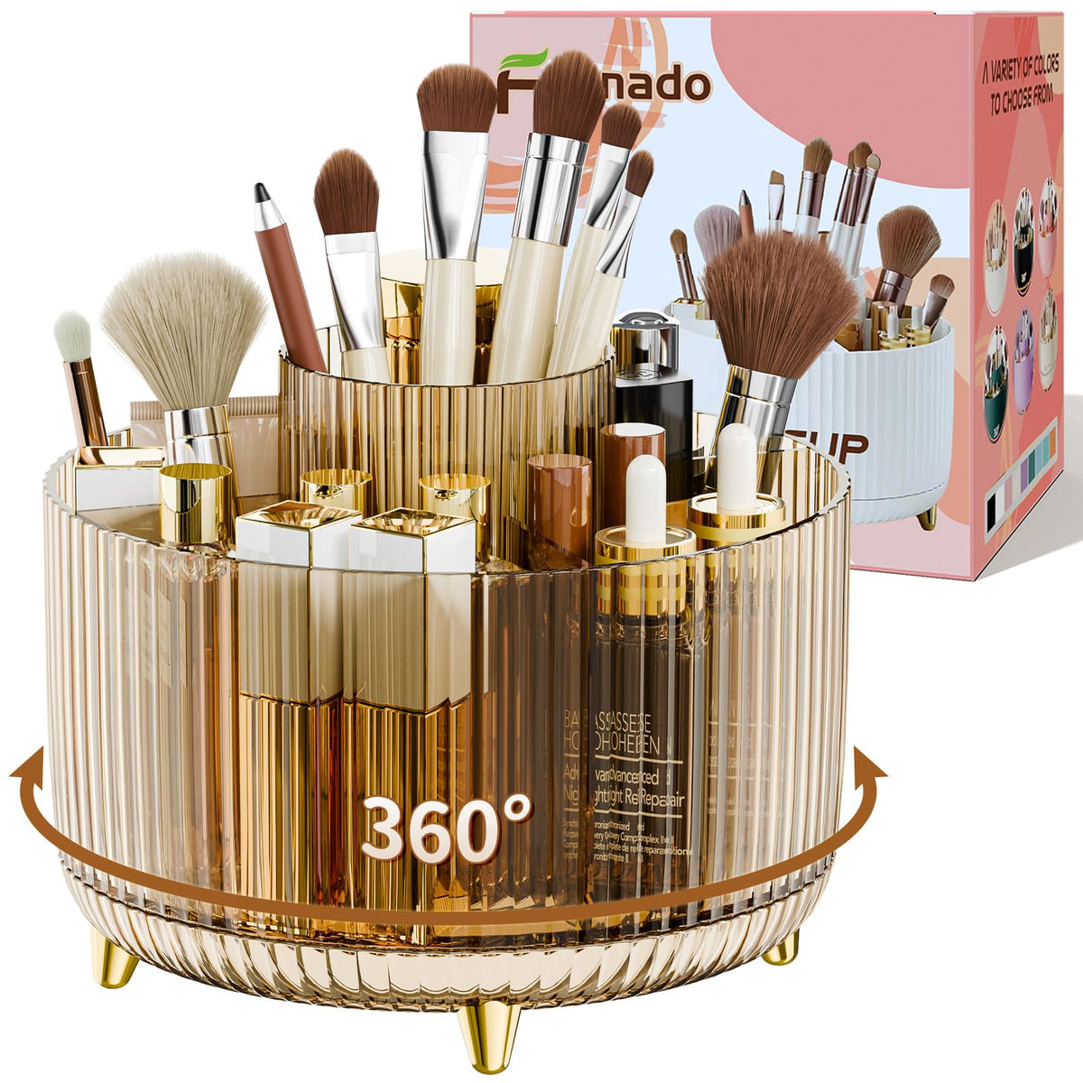 Fanado 360° rotate makeup brush holder shown on a vanity for easy access.