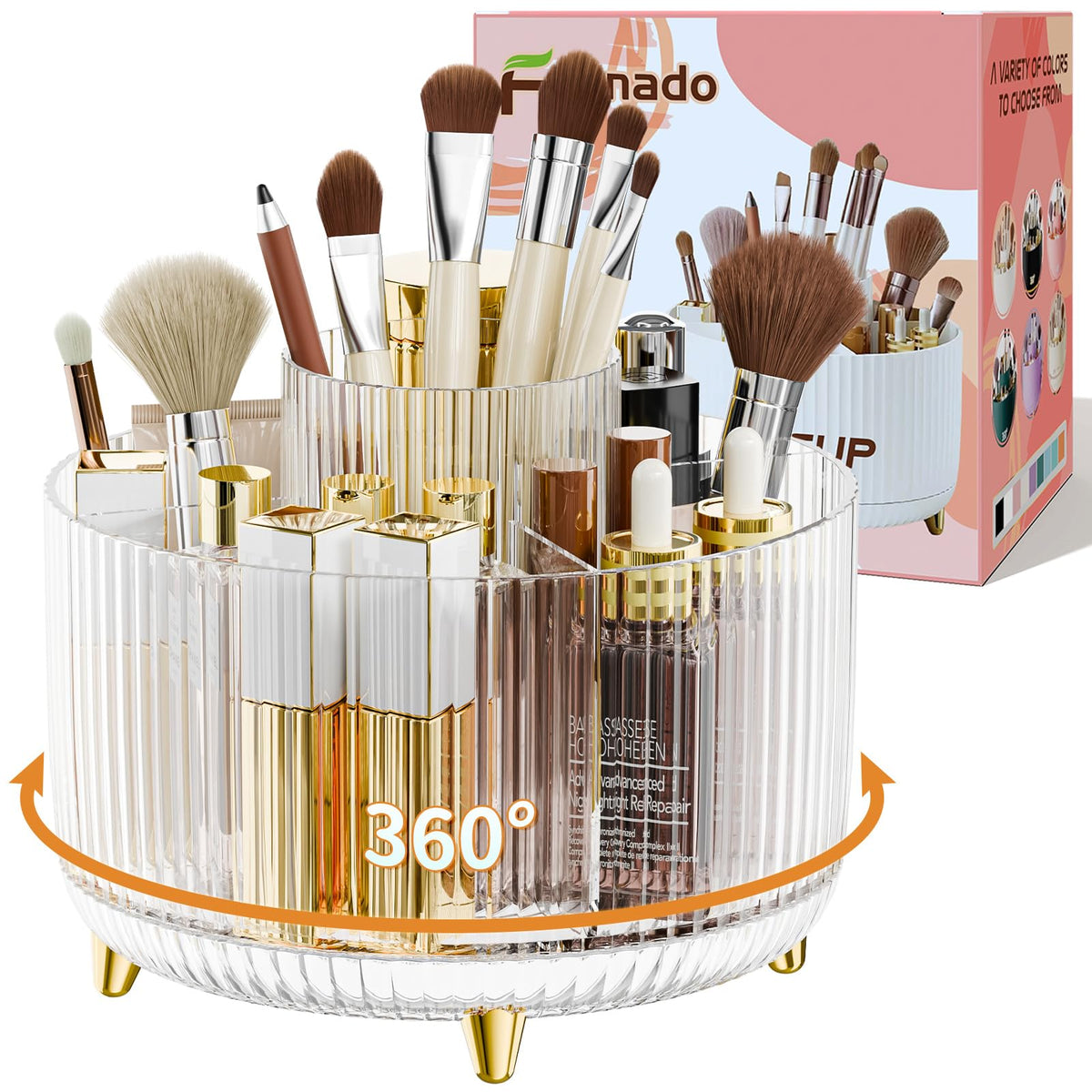 Fanado 360° rotation makeup organizer on vanity for easy brush access