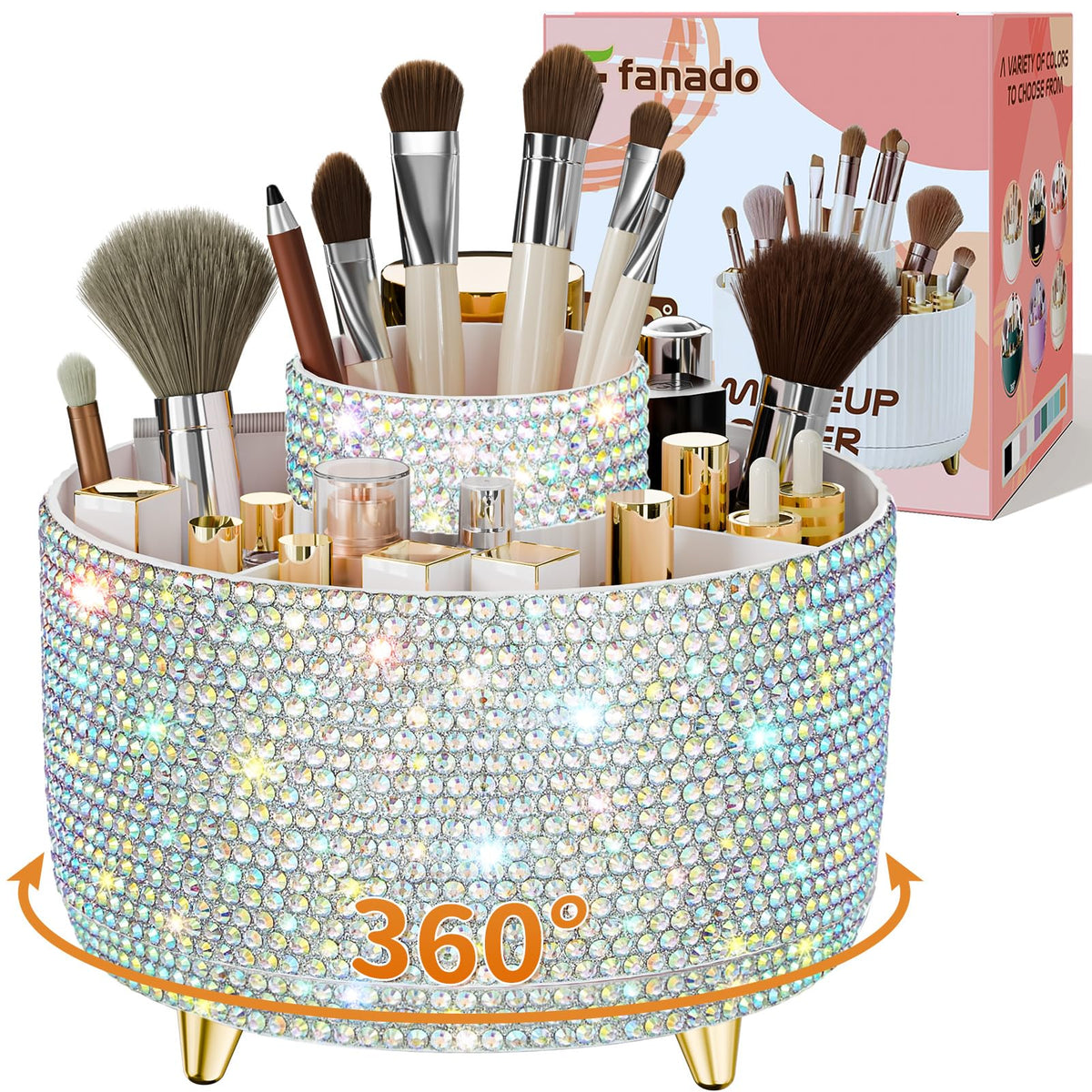 Fanado Bling diamond-wrapped makeup organizer with sparkling surface for vanity