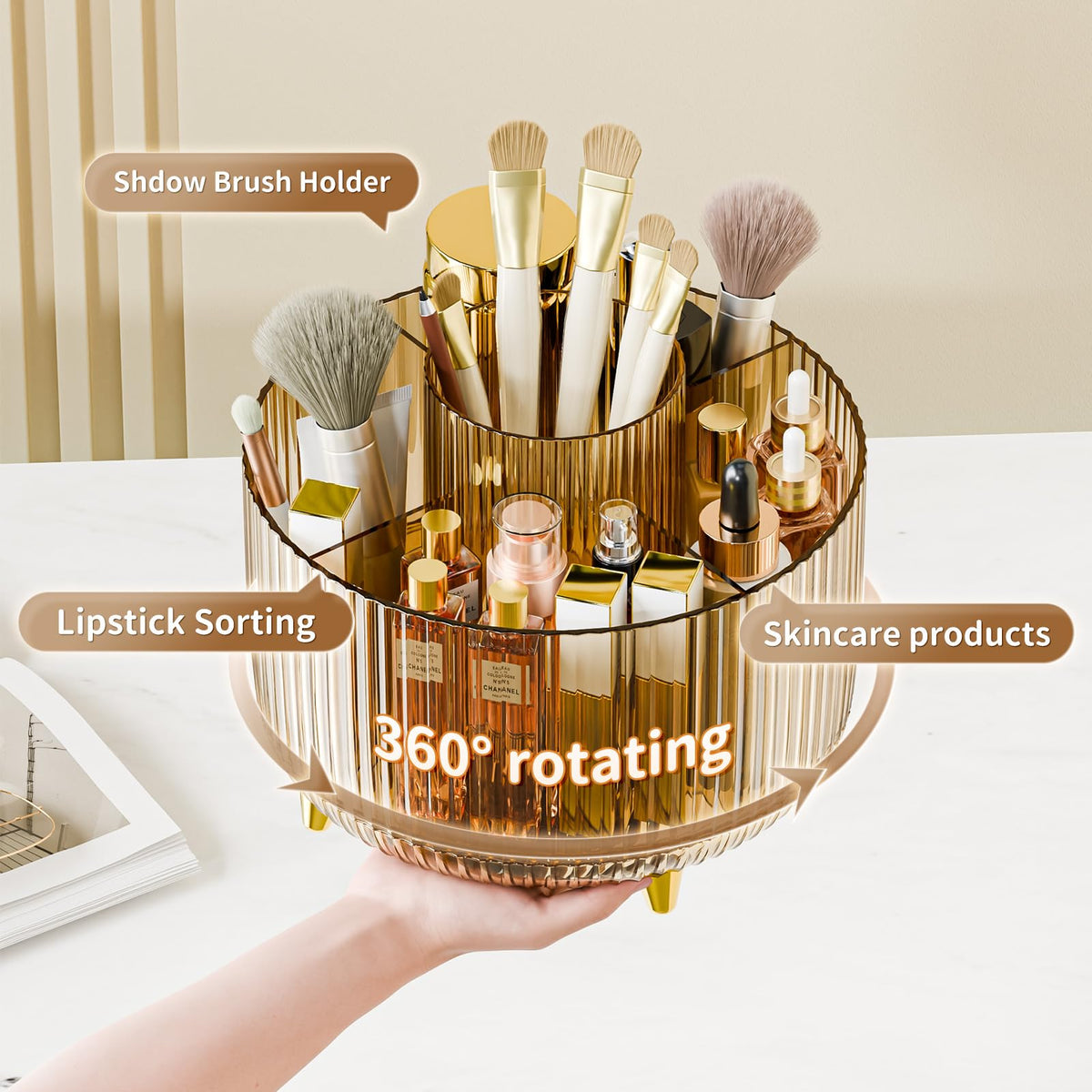 Fanado clear amber makeup organizer on a dresser highlighting quick visibility.