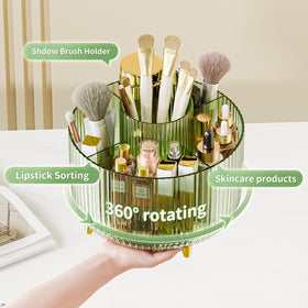 Fanado clear green makeup organizer on vanity shows contents at a glance.