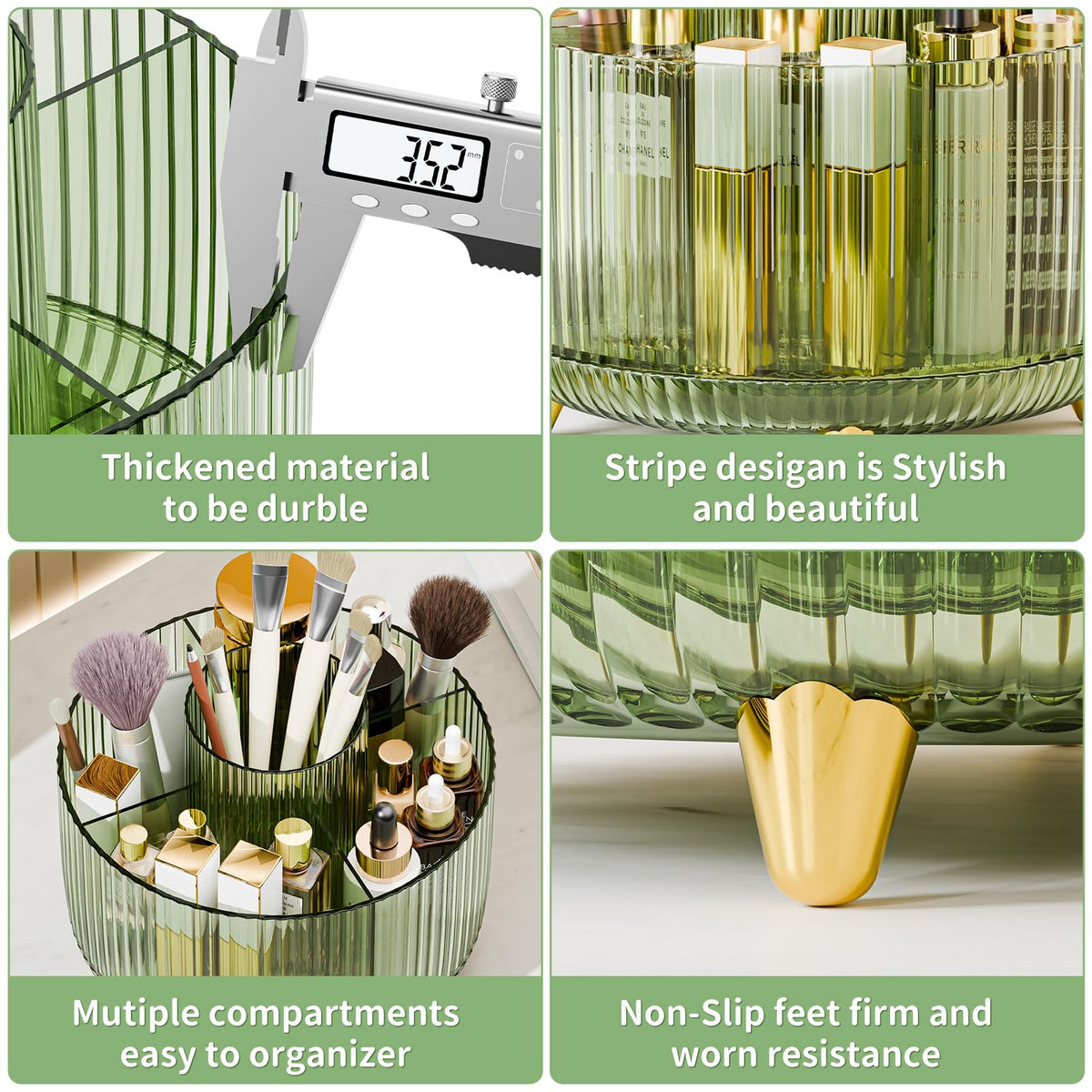 Fanado compact desktop vanity organizer with gold feet elevates style.