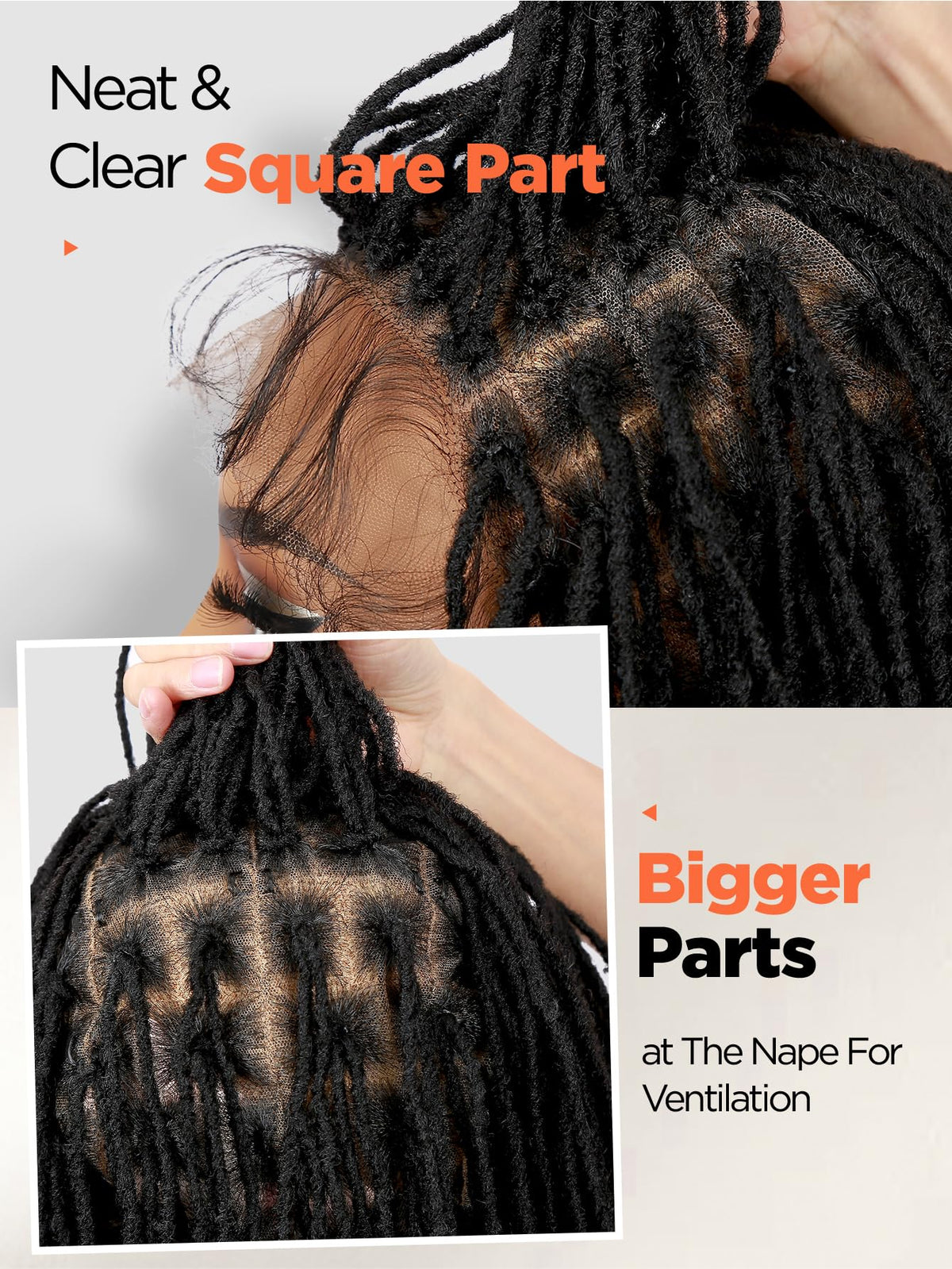FANCEE full lace faux locs wig back view, natural fall and lightweight feel.