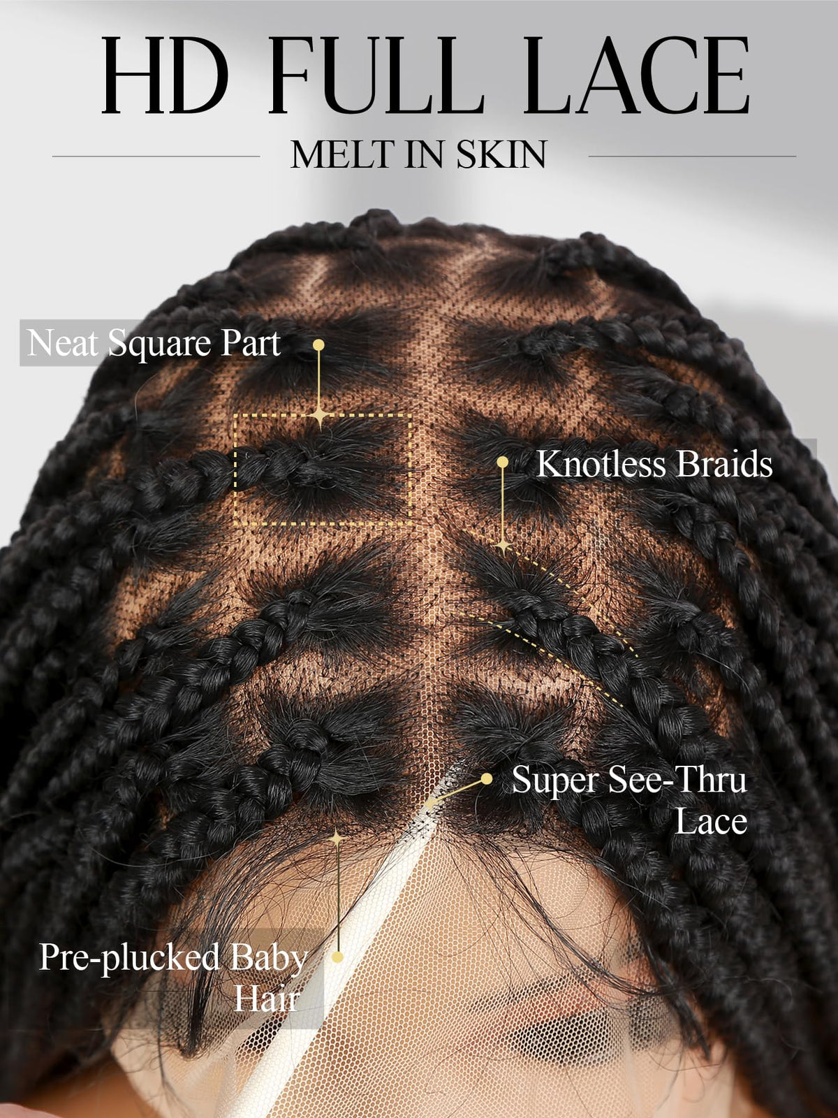 Transparent lace melts into skin for invisible parting.