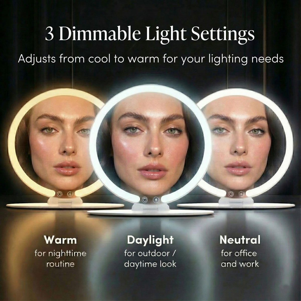 Fancii Abigail three-color light makeup mirror with adjustable warmth and cool tones.