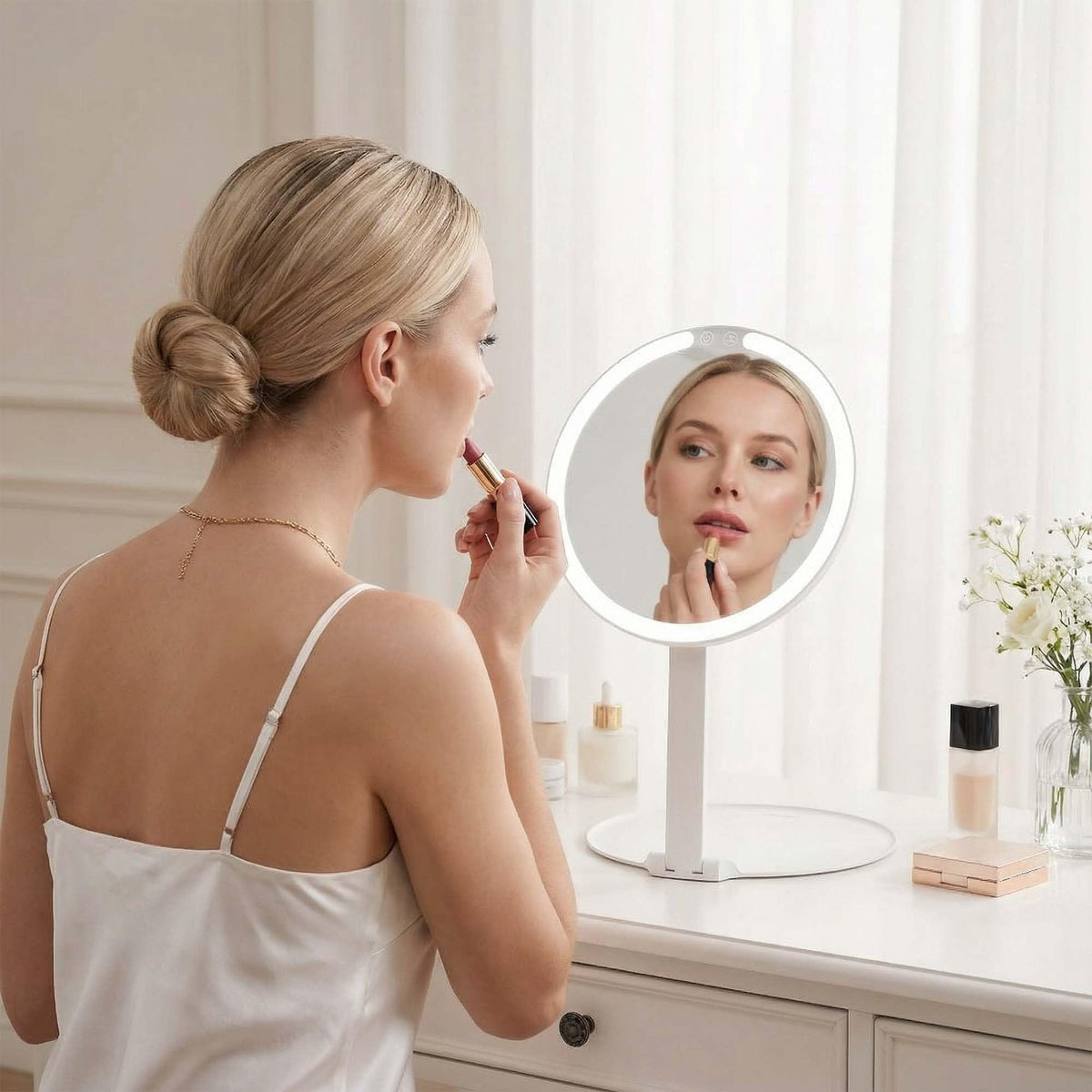 Fancii Abigail USB rechargeable makeup mirror for on-the-go brightness.