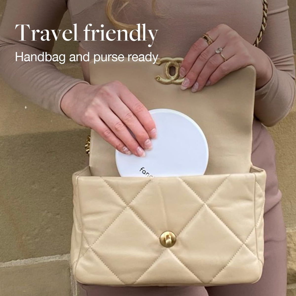 Fancii Lumi rose-gold finish adds elegant style to any vanity or travel kit.