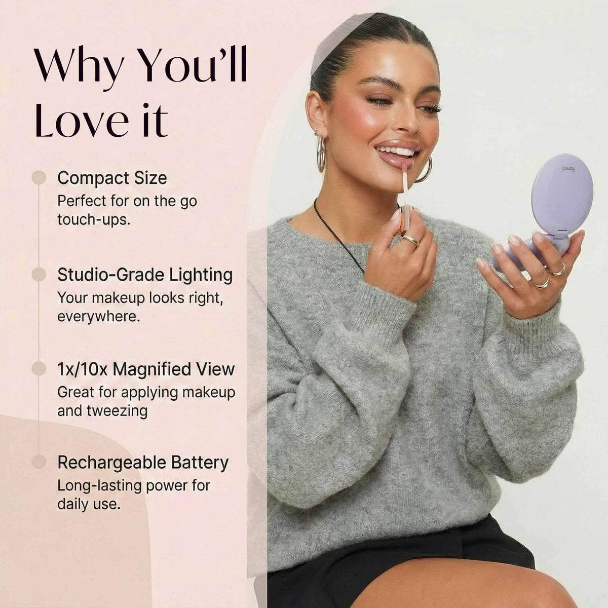 Fancii Mini Taylor LED settings in Lilac Bliss; three lighting modes for color-accurate makeup.