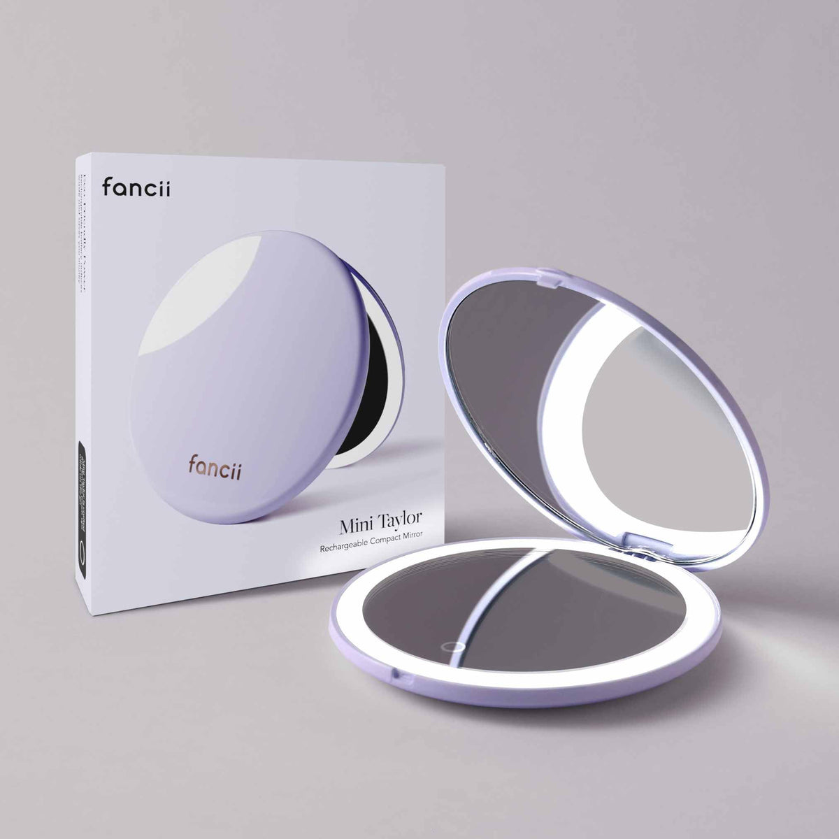 Fancii Mini Taylor portable mirror with 50,000-hour LEDs in Lilac Bliss; durable lighting.