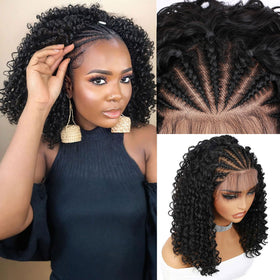 Fancy Hair cornrow wig front view with curly texture and natural HD lace front.