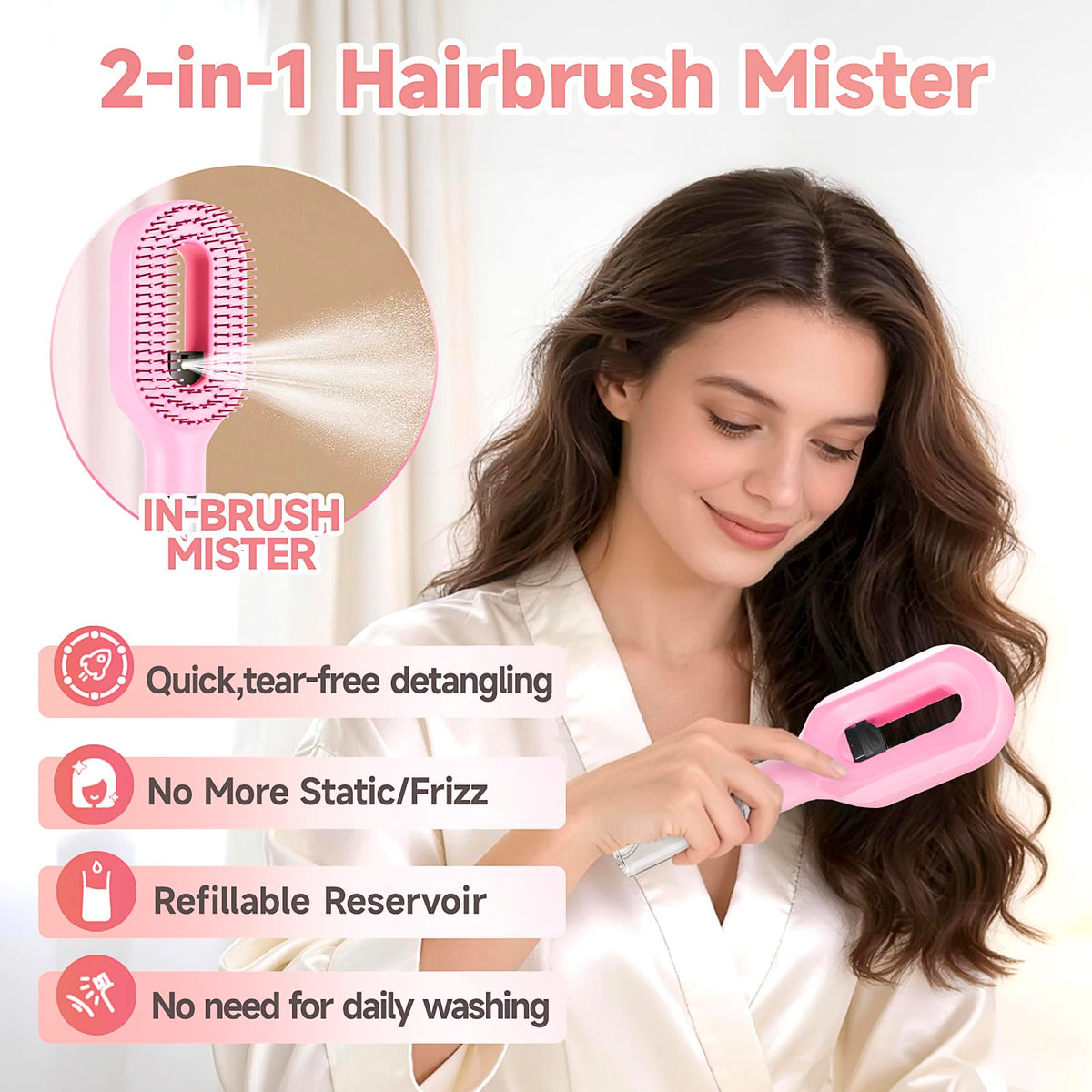 Fangtaiabc Hairbrush Mister demonstrates mist spray action for quick dampening during styling.